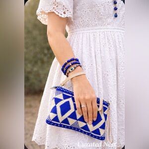 handmade Wayuu crochet Blue and Cream Geometric Clutch